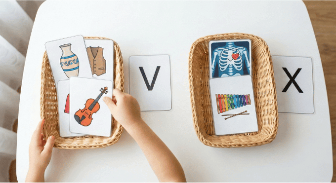 Preschooler sorting picture cards by beginning sound for letter X phonics activity