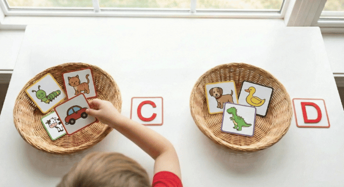 Preschooler sorting picture cards by beginning sound for letter C phonics activity