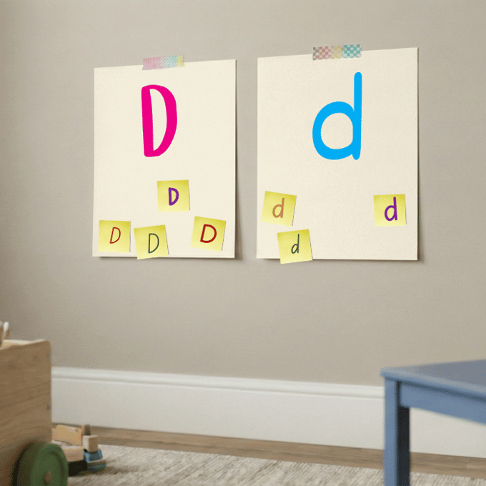 Letter D matching game with post-it notes on cardstock showing uppercase and lowercase d
