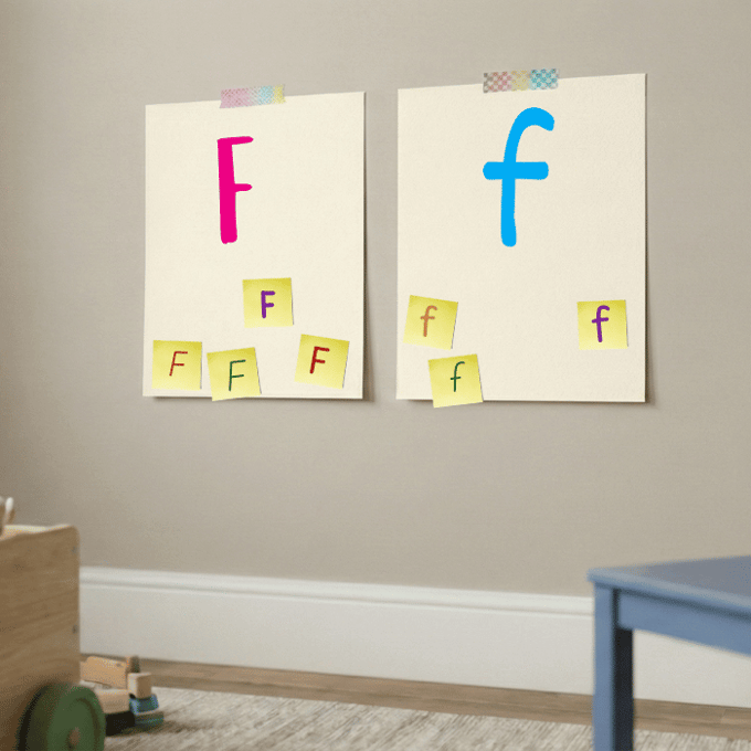 Letter F matching game with post-it notes on cardstock showing uppercase and lowercase f