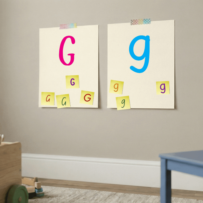 Letter G matching game with post-it notes on cardstock showing uppercase and lowercase g