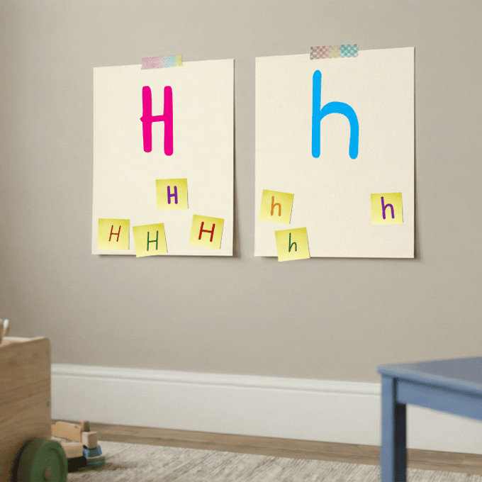 Letter H matching game with post-it notes on cardstock showing uppercase and lowercase h