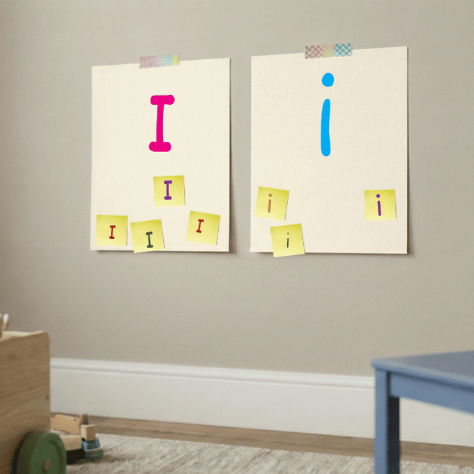 Letter I matching game with post-it notes on cardstock showing uppercase and lowercase i