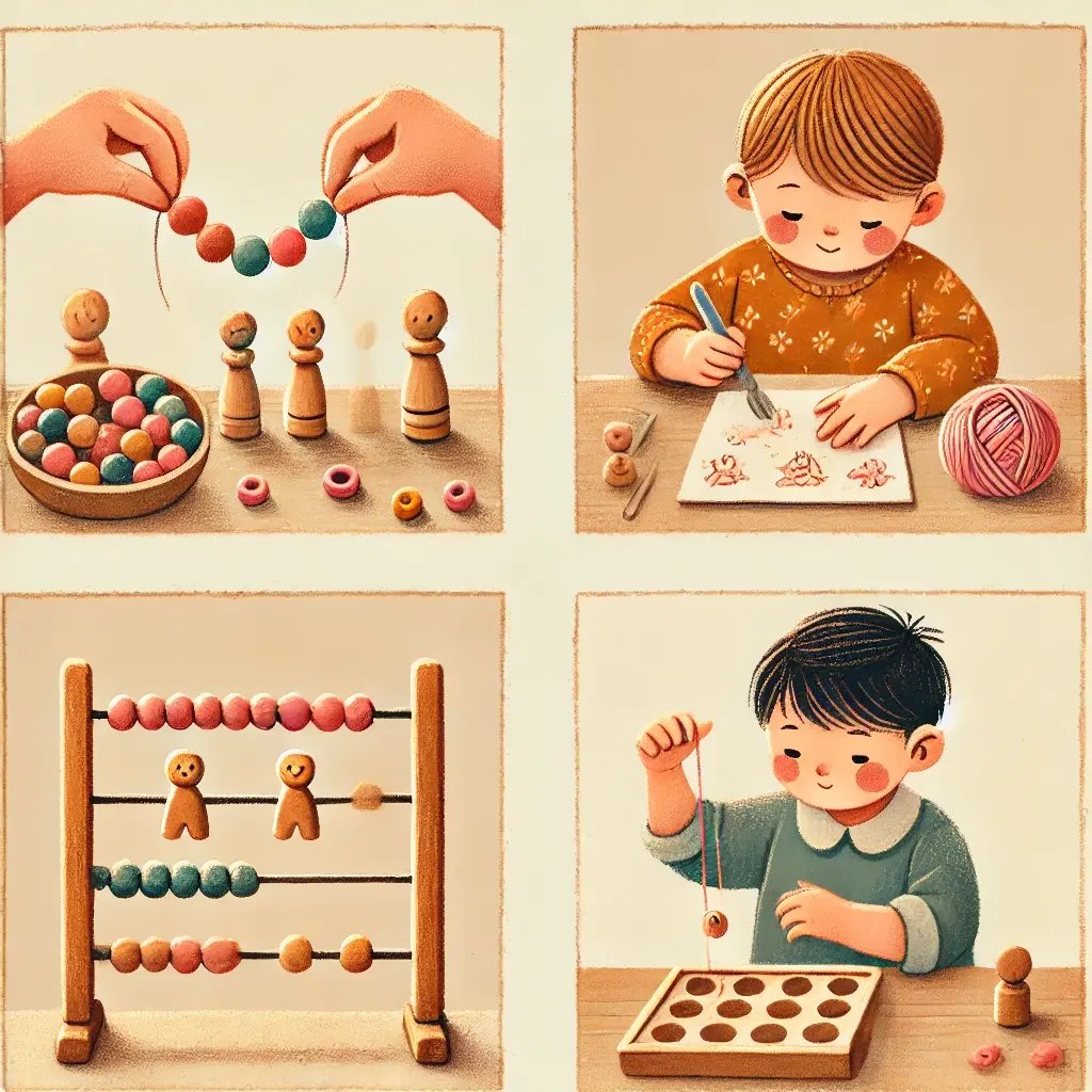 Illustrated chart of fine motor skills categories for preschoolers including bilateral coordination, pincer grasp, and hand-eye coordination