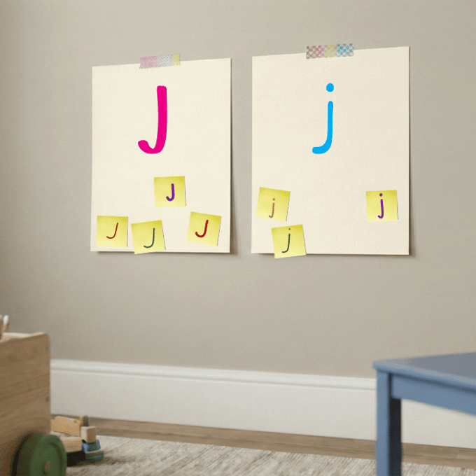 Letter J matching game with post-it notes on cardstock showing uppercase and lowercase j