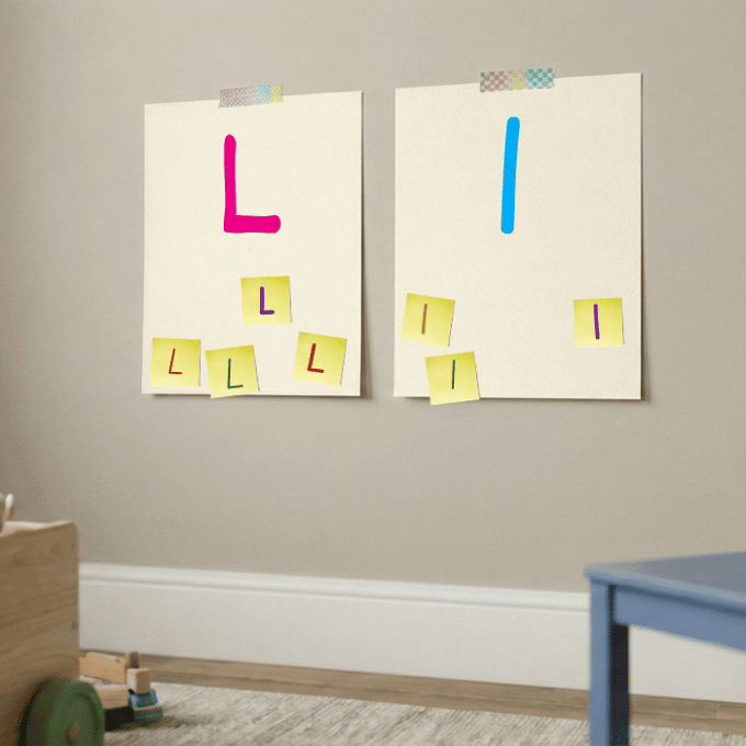 Letter L matching game with post-it notes on cardstock showing uppercase and lowercase l