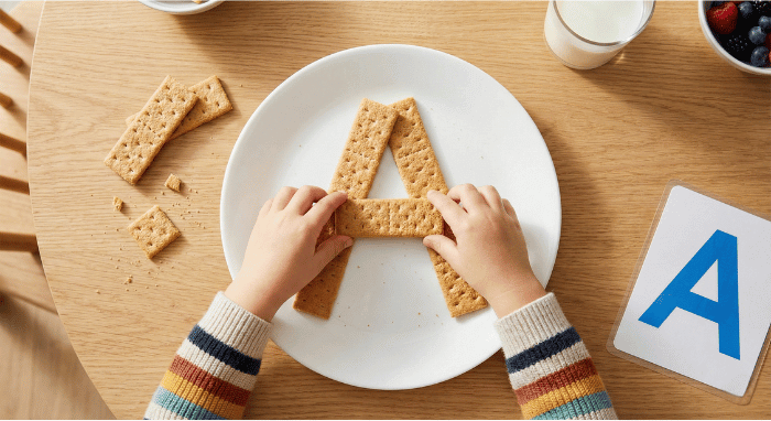 Preschooler forming letter A shape with crackers for edible learning activity
