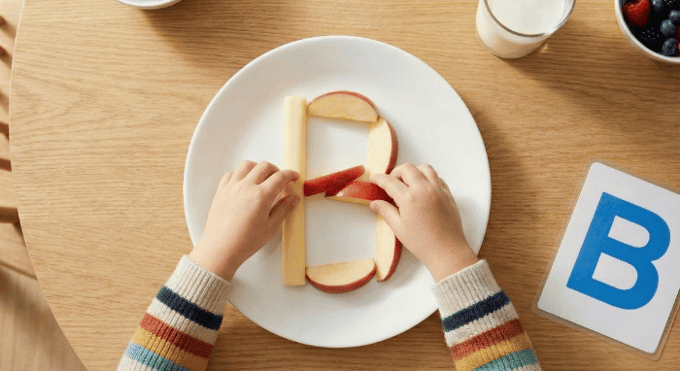 Preschooler forming letter B shape with cheese stick and apple slices for edible learning activity