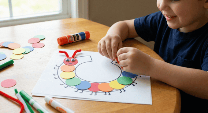 Letter C activities: child creating caterpillar collage on letter C outline