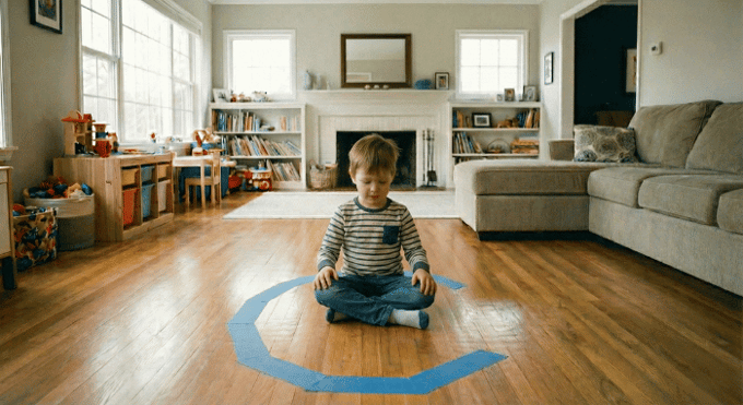 Preschooler sitting on letter C made with tape on floor for active learning