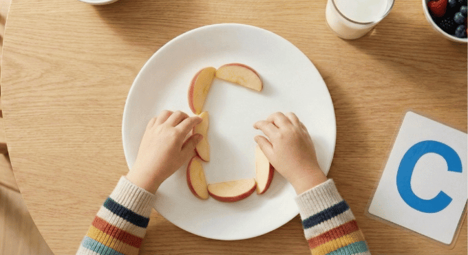 Preschooler forming letter C shape with apple slices for edible learning activity