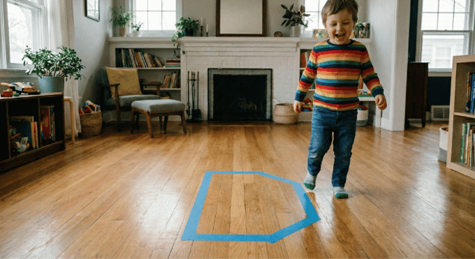 Preschooler hopping on letter D made with tape on floor for active learning