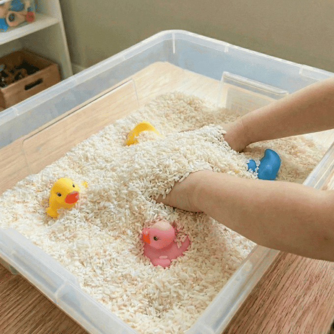 Preschool sensory bin activity with hands finding small toy rubber ducks