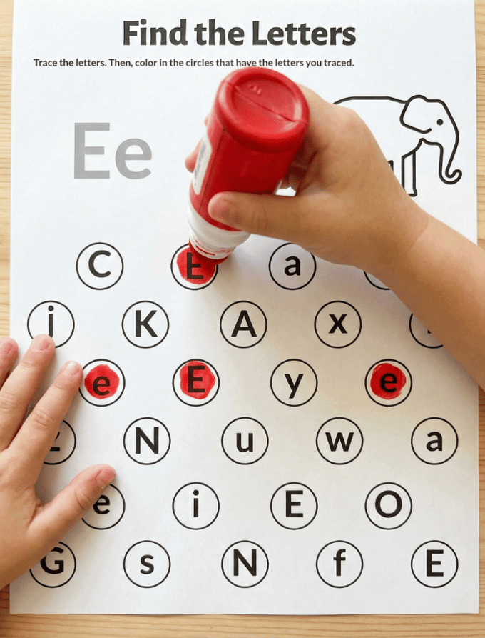 Letter E dot marker letter hunt