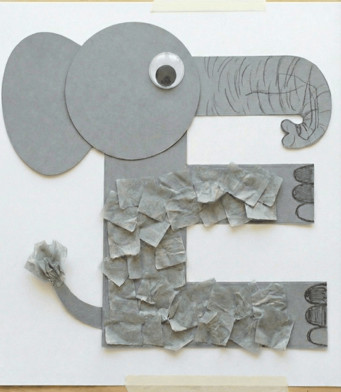 Letter E activities: elephant craft using letter E shape with trunk and ear collage