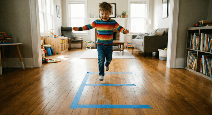 Preschooler hopping on letter E made with tape on floor for active learning