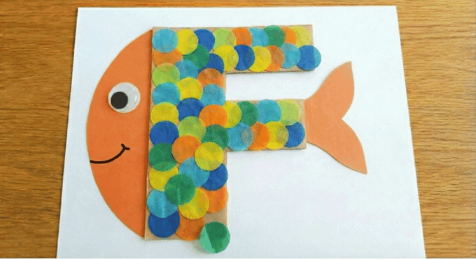 Letter F activities: fish craft using letter F shape with colorful scales collage
