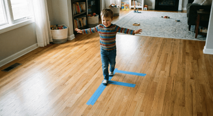 Preschooler hopping on letter F made with tape on floor for active learning