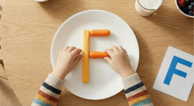 Preschooler forming letter F shape with cheese stick and baby carrots for edible learning activity