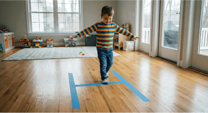 Preschooler hopping on letter H made with tape on floor for active learning