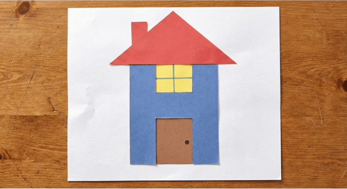Letter H activities: house craft using letter H shape with roof and windows collage