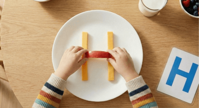 Preschooler forming letter H shape with cheese stick and apple slices for edible learning activity