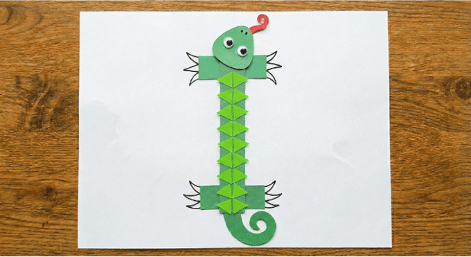Letter I activities: iguana craft using letter I shape with spiky scales collage