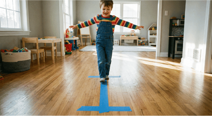Preschooler hopping on letter I made with tape on floor for active learning