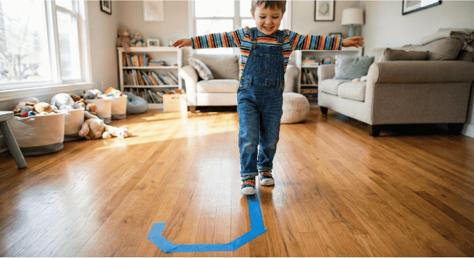 Preschooler hopping on letter J made with tape on floor for active learning