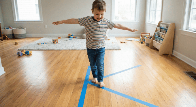 Preschooler hopping on letter K made with tape on floor for active learning