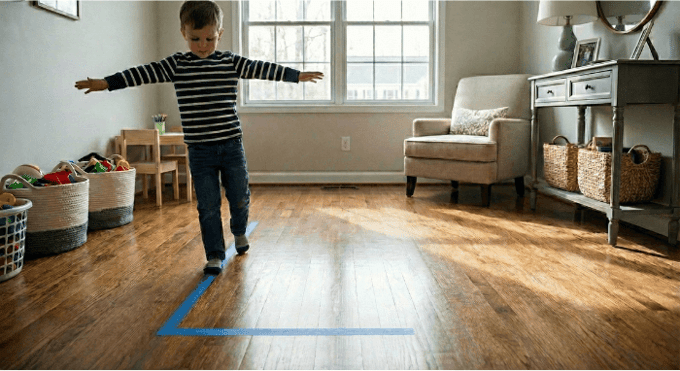 Preschooler hopping on letter L made with tape on floor for active learning