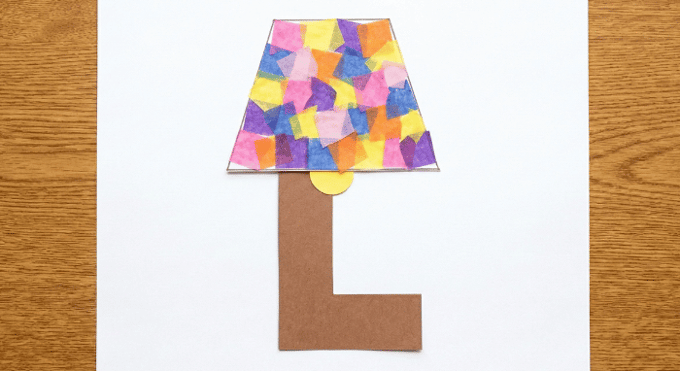 Letter L activities: lamp craft using letter L shape with colorful lampshade collage