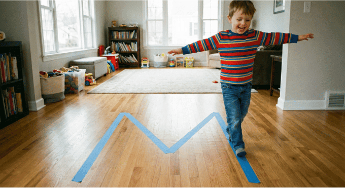 Preschooler hopping on letter M made with tape on floor for active learning