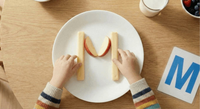 Preschooler forming letter M shape with cheese stick and apple slices for edible learning activity