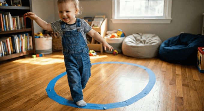Preschooler hopping on letter O made with tape on floor for active learning
