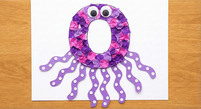 Letter O activities: octopus craft using letter O shape with eight tentacles and googly eyes