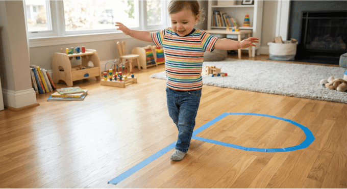 Preschooler hopping on letter P made with tape on floor for active learning