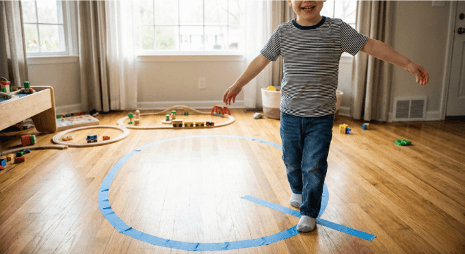 Preschooler hopping on letter Q made with tape on floor for active learning