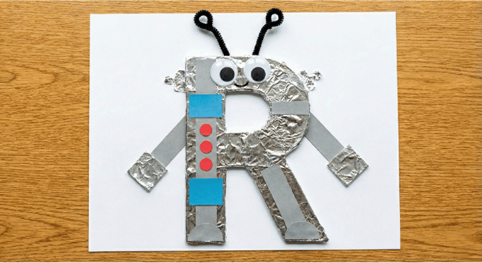 Letter R activities: robot craft using letter R shape with buttons and antennas collage