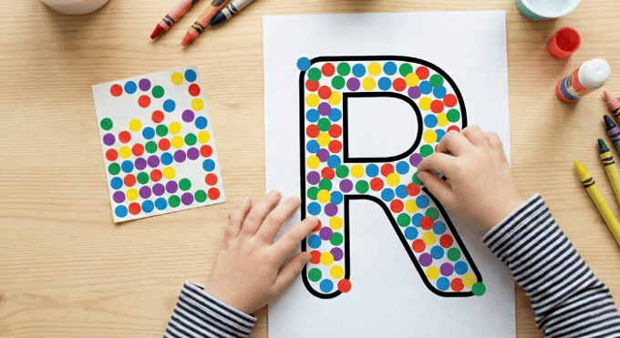 Child filling letter R outline with colorful stickers for fine motor practice