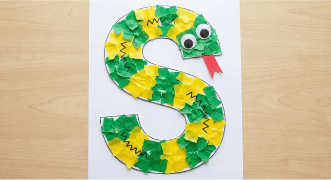 Letter S activities: snake craft using letter S shape with colorful scales collage