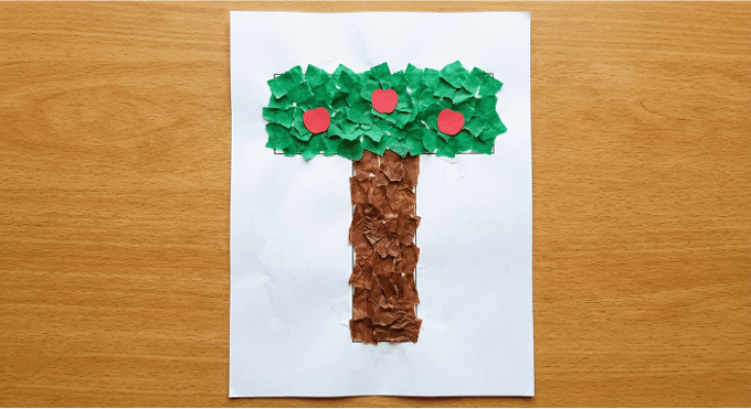 Letter T activities: tree craft using letter T shape with tissue paper leaves collage