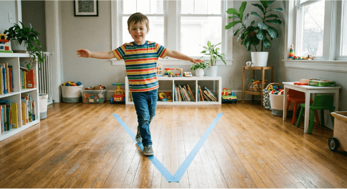 Preschooler hopping on letter V made with tape on floor for active learning