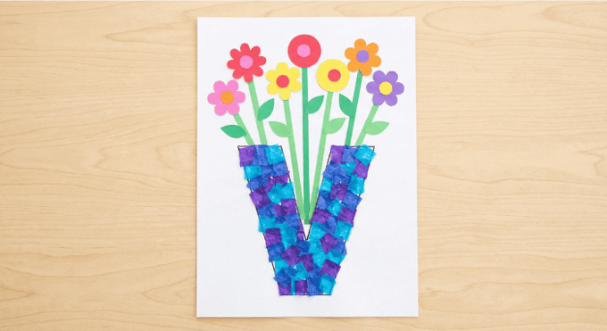 Letter V activities: vase craft using letter V shape with colorful flower bouquet