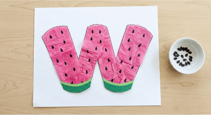Letter W activities: creating watermelon collage on letter W outline with seeds and rind