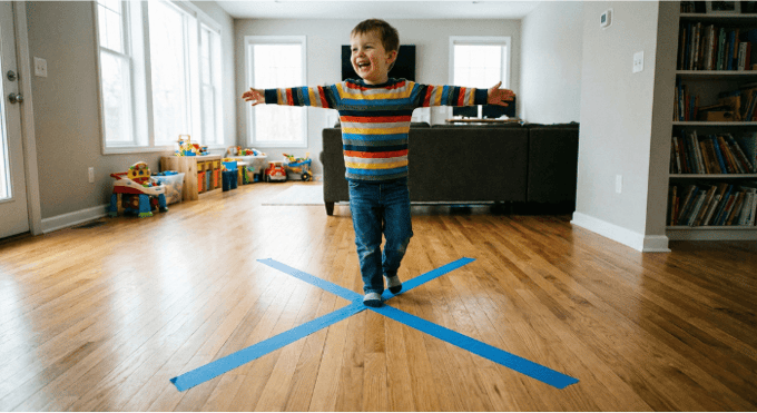 Preschooler hopping on letter X made with tape on floor for active learning