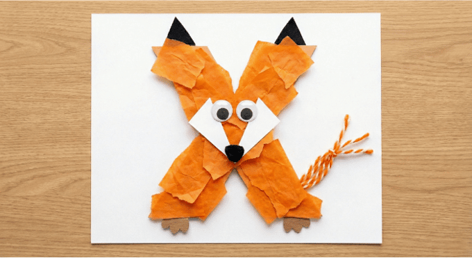 Letter X activities: fox craft using letter X shape with orange fur collage