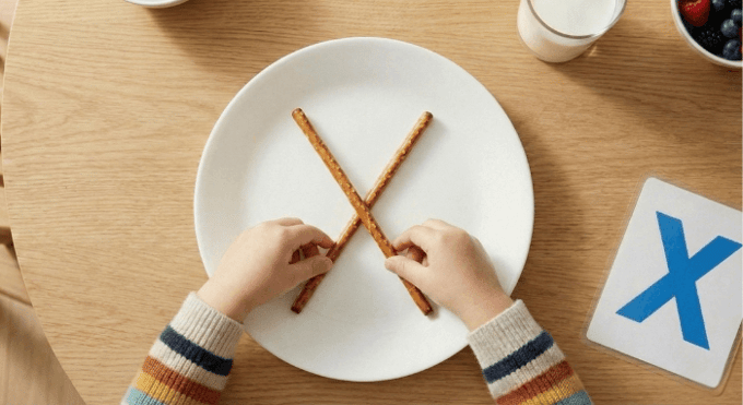 Preschooler forming letter X shape with pretzel sticks for edible learning activity