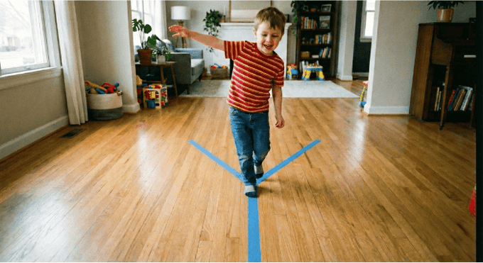 Preschooler hopping on letter Y made with tape on floor for active learning