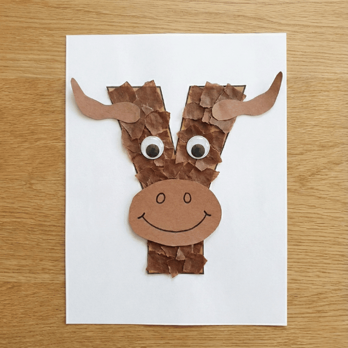 Letter Y activities: creating yak collage on letter Y outline with horns and fur